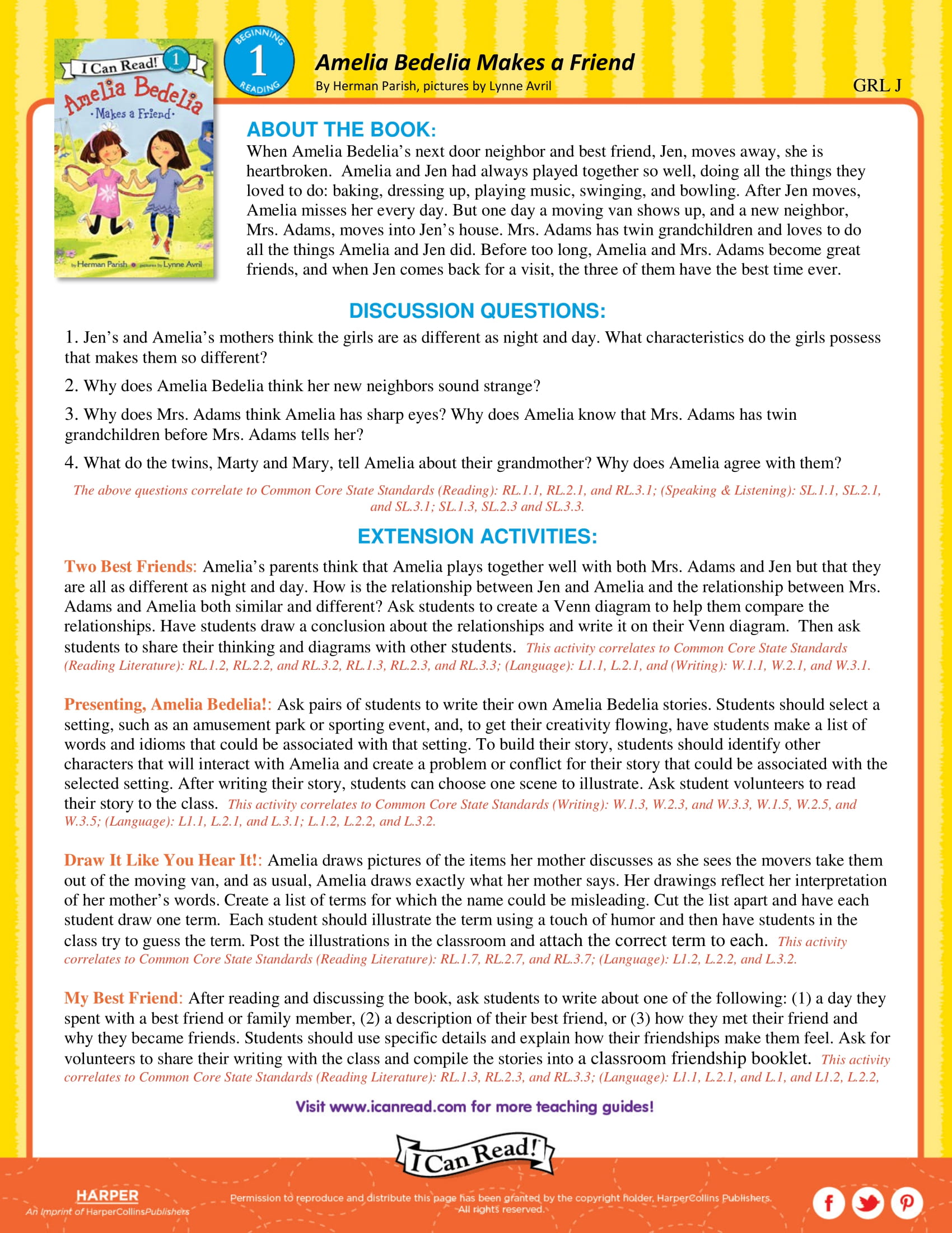 Amelia Bedelia Make’s a Friend – Teacher’s Guide