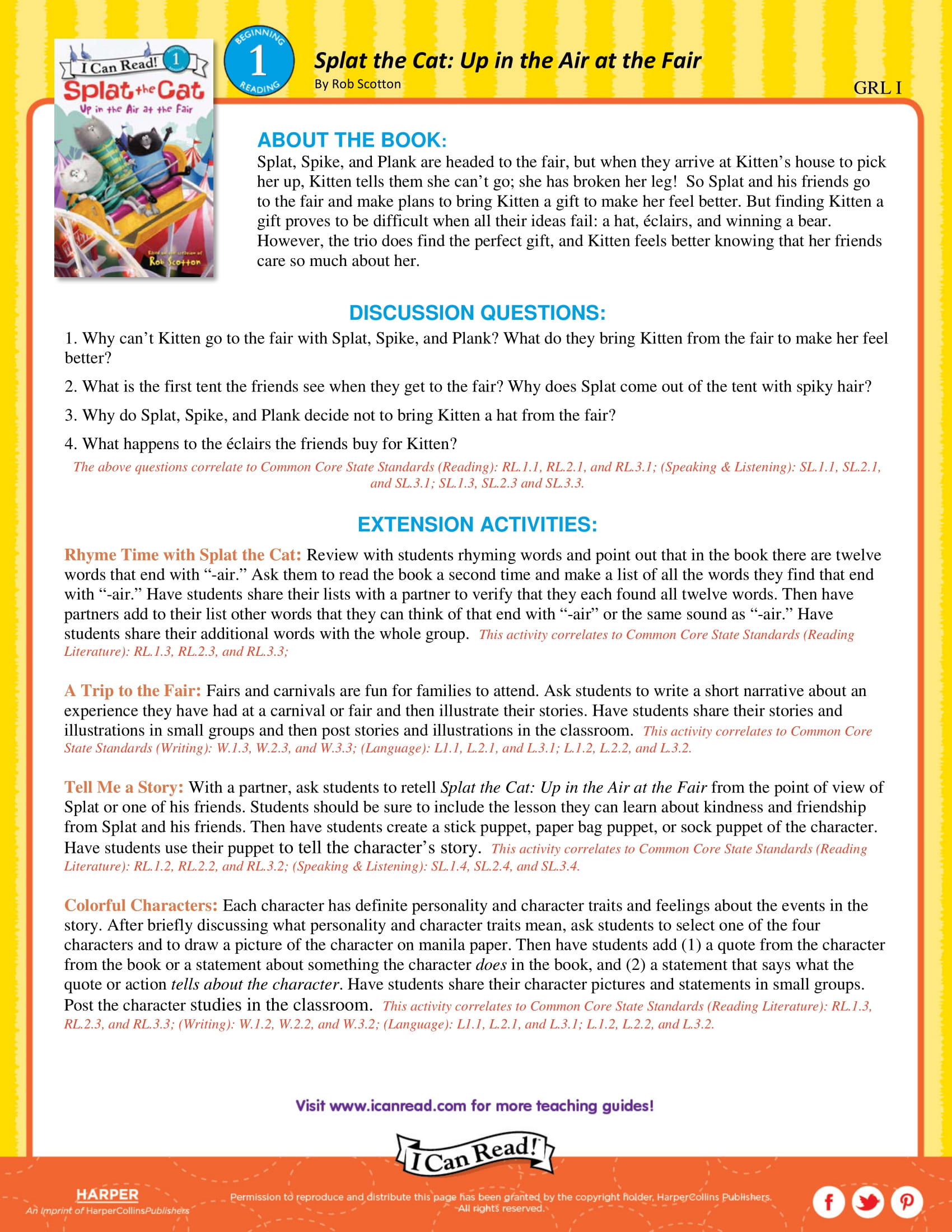 Splat the Cat: Up in the Air at the Fair – Teacher’s Guide