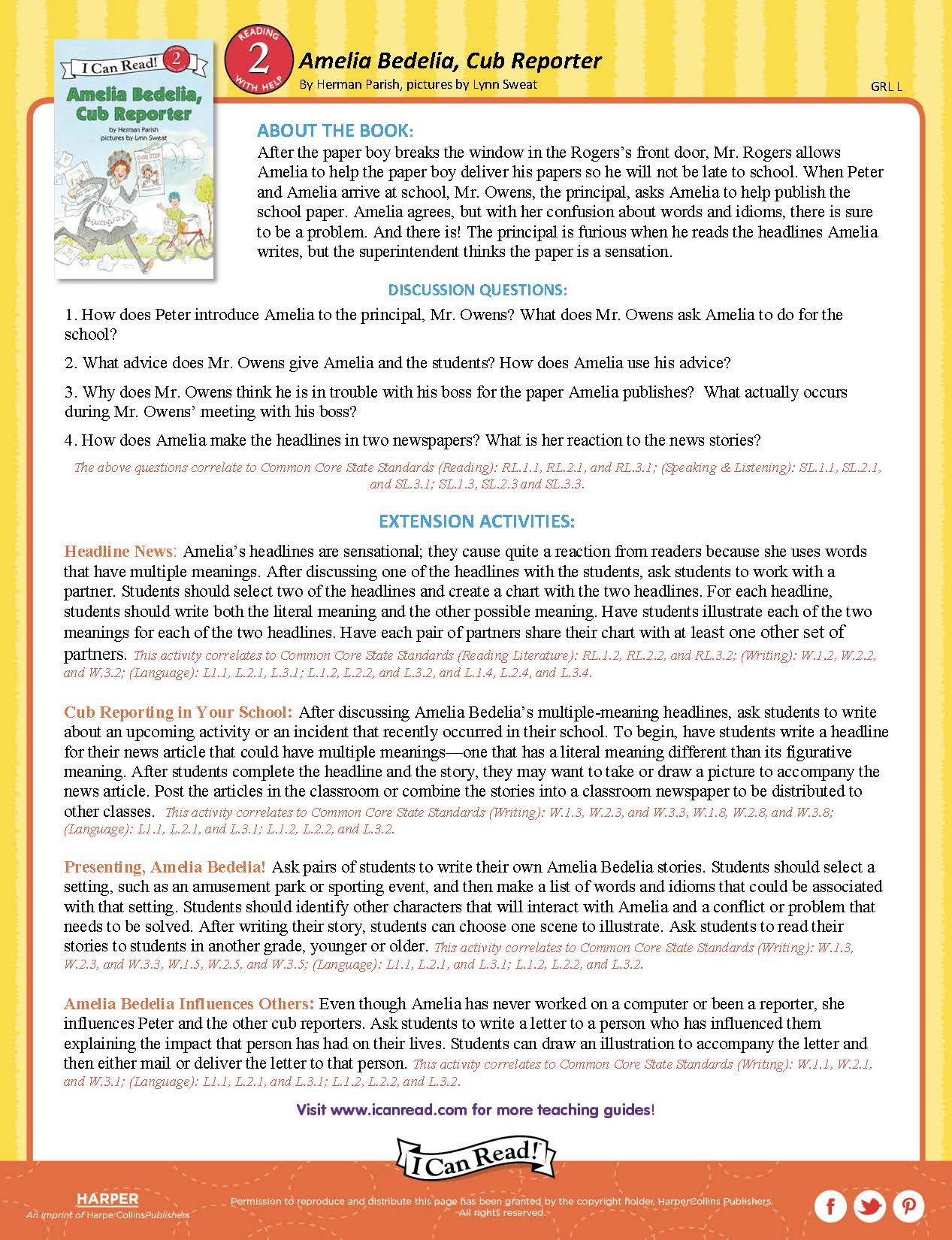 Amelia Bedelia, Cub Reporter – Teacher’s Guide