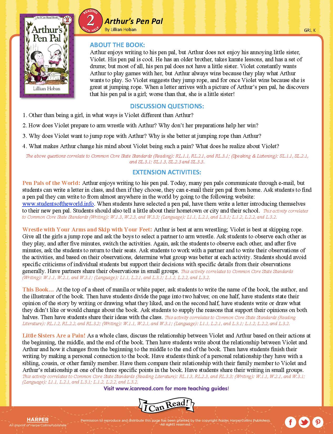 Arthur’s Pen Pal – Teacher’s Guide
