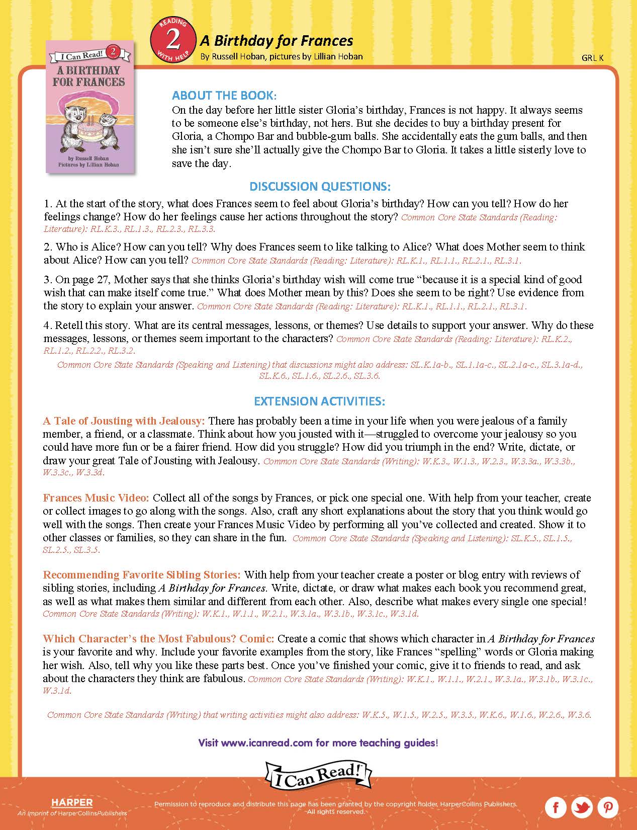 Birthday for Frances – Teacher’s Guide