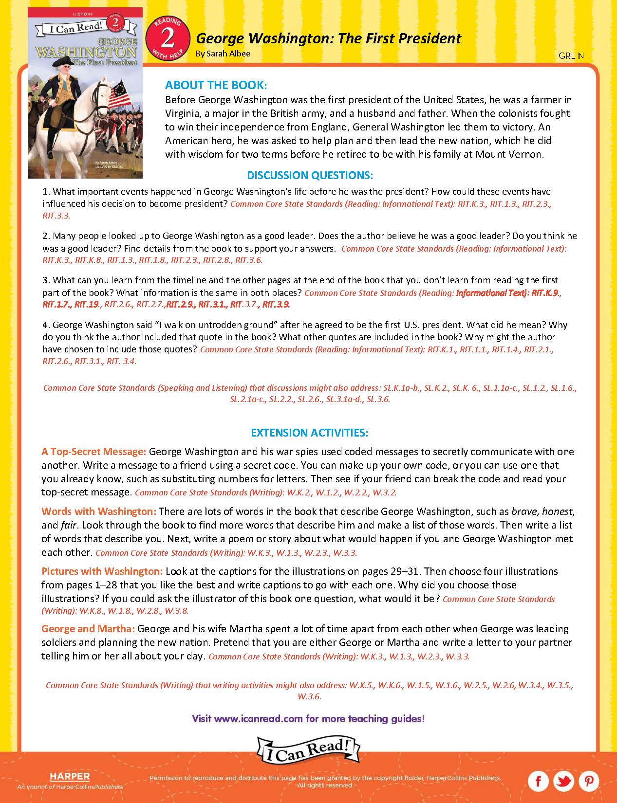 George Washington: The First President- Teacher’s Guide