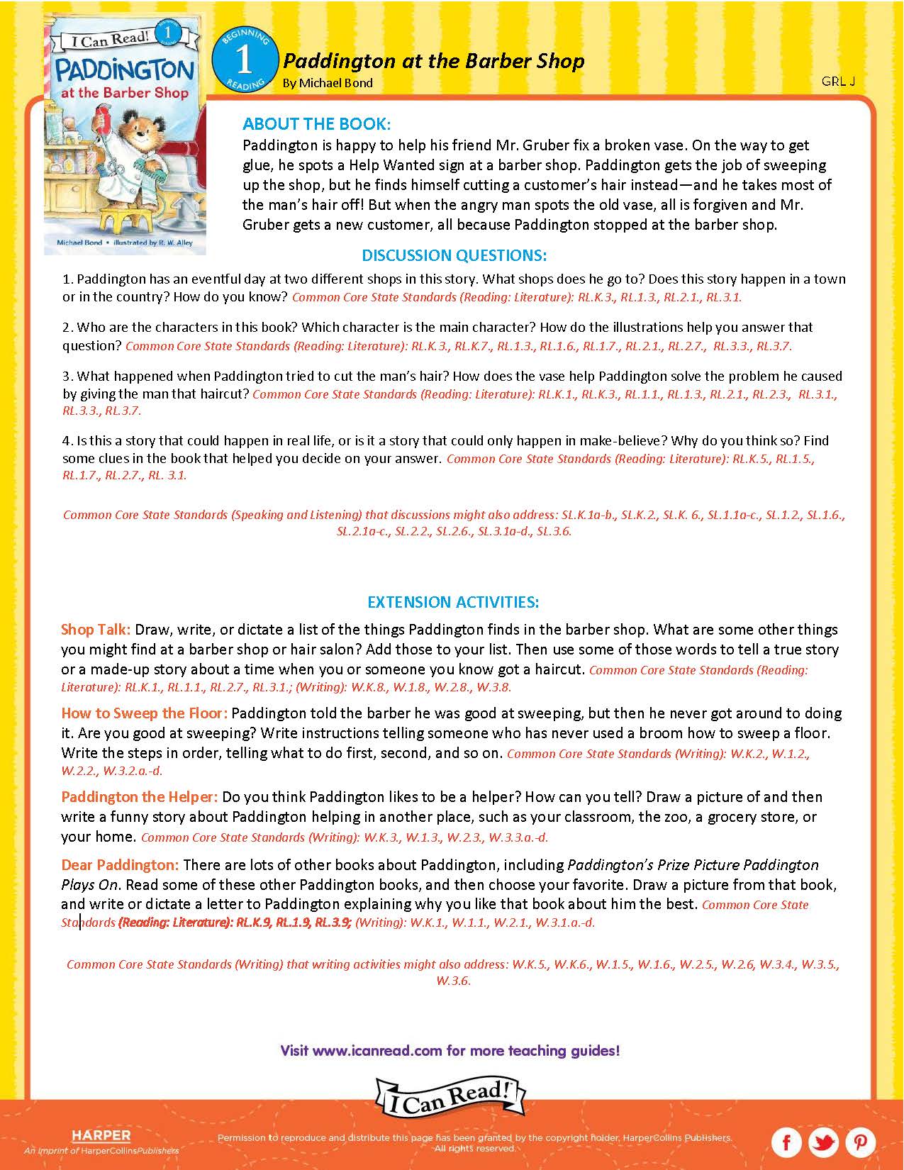 Paddington at the Barber Shop – Teacher’s Guide